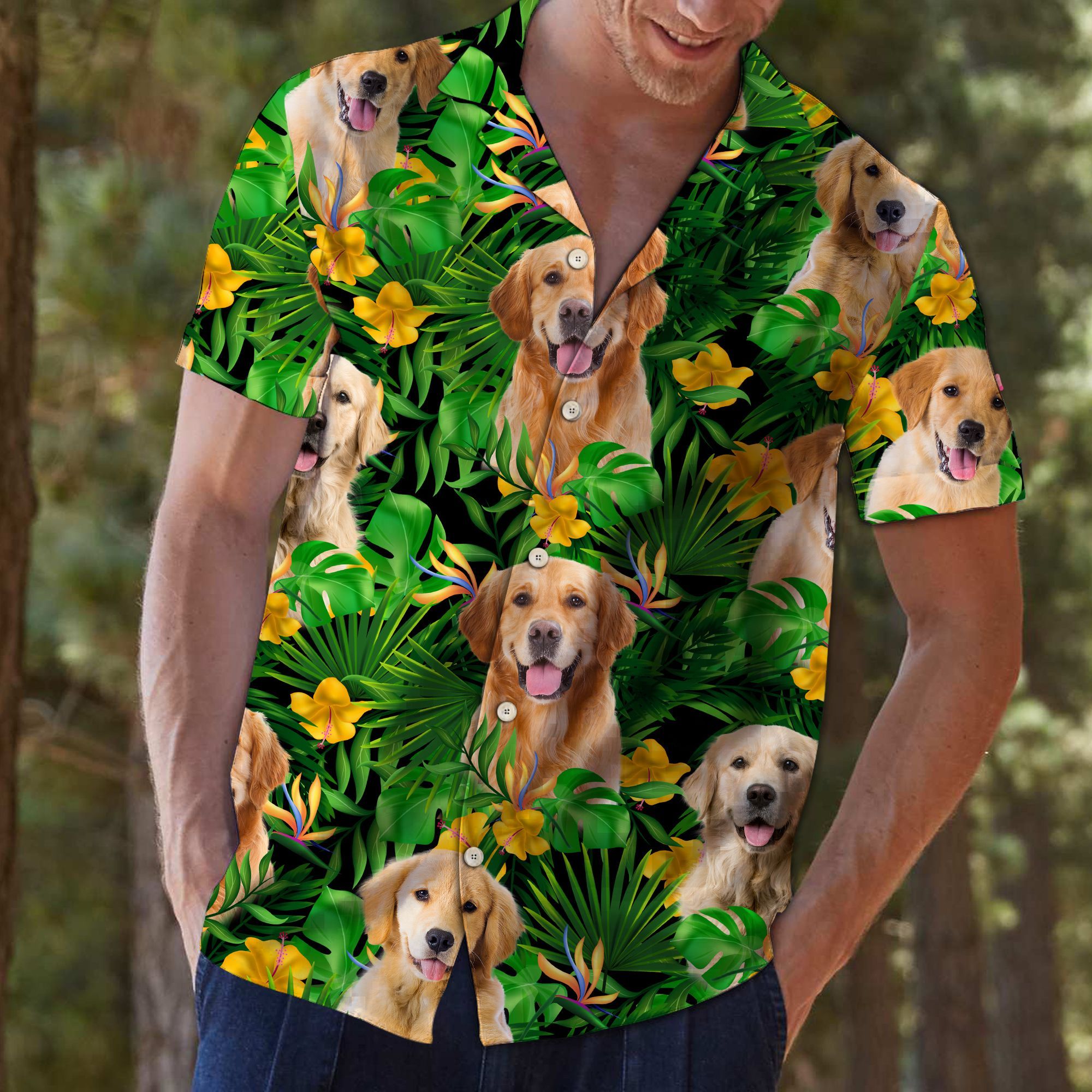 Golden Retriever Tropical Wild Flower Hawaiian Shirt For Men, Hawaiian Shirt For Women, Aloha Shirt, Hawaii Shirt