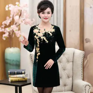 Woman Dress Summer Women’s Gold Velvet Embroidered Large Size Midi Dress for Spring Autumn Vestido De Mujer alx