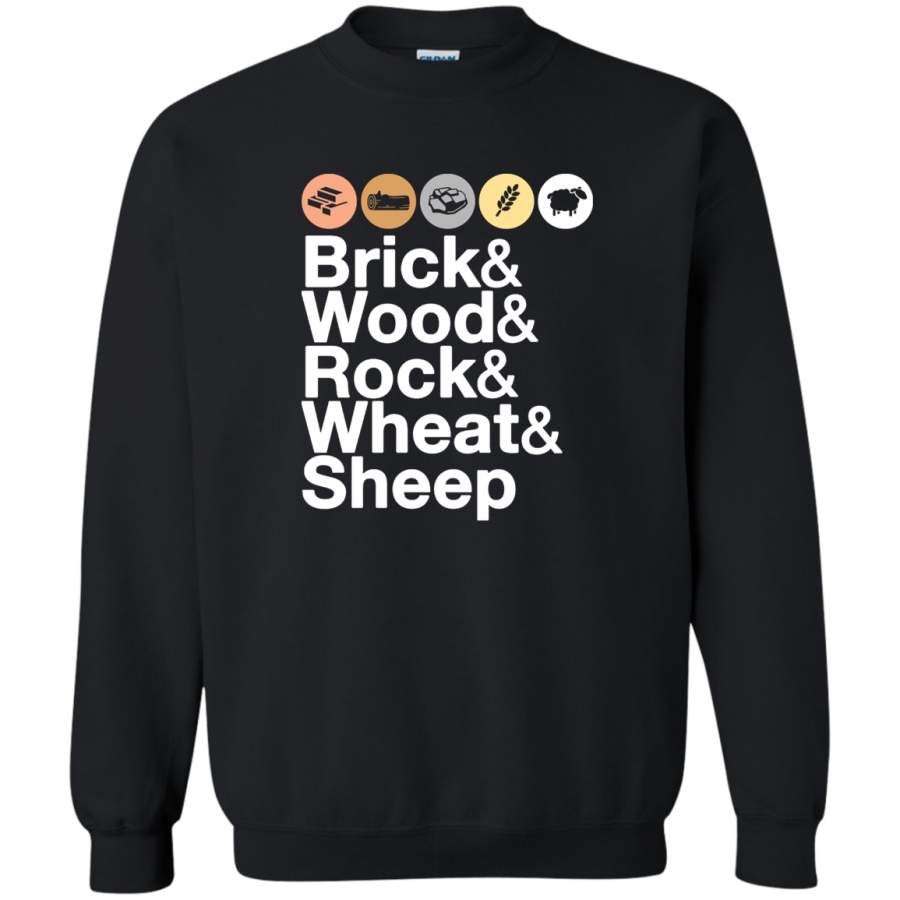 AGR Helvetica Settlers of Catan Brick, Wood, Rock, Wheat, Sheep  Board Game Geek Ampersand Design Crewneck Pullover Sweatshirt