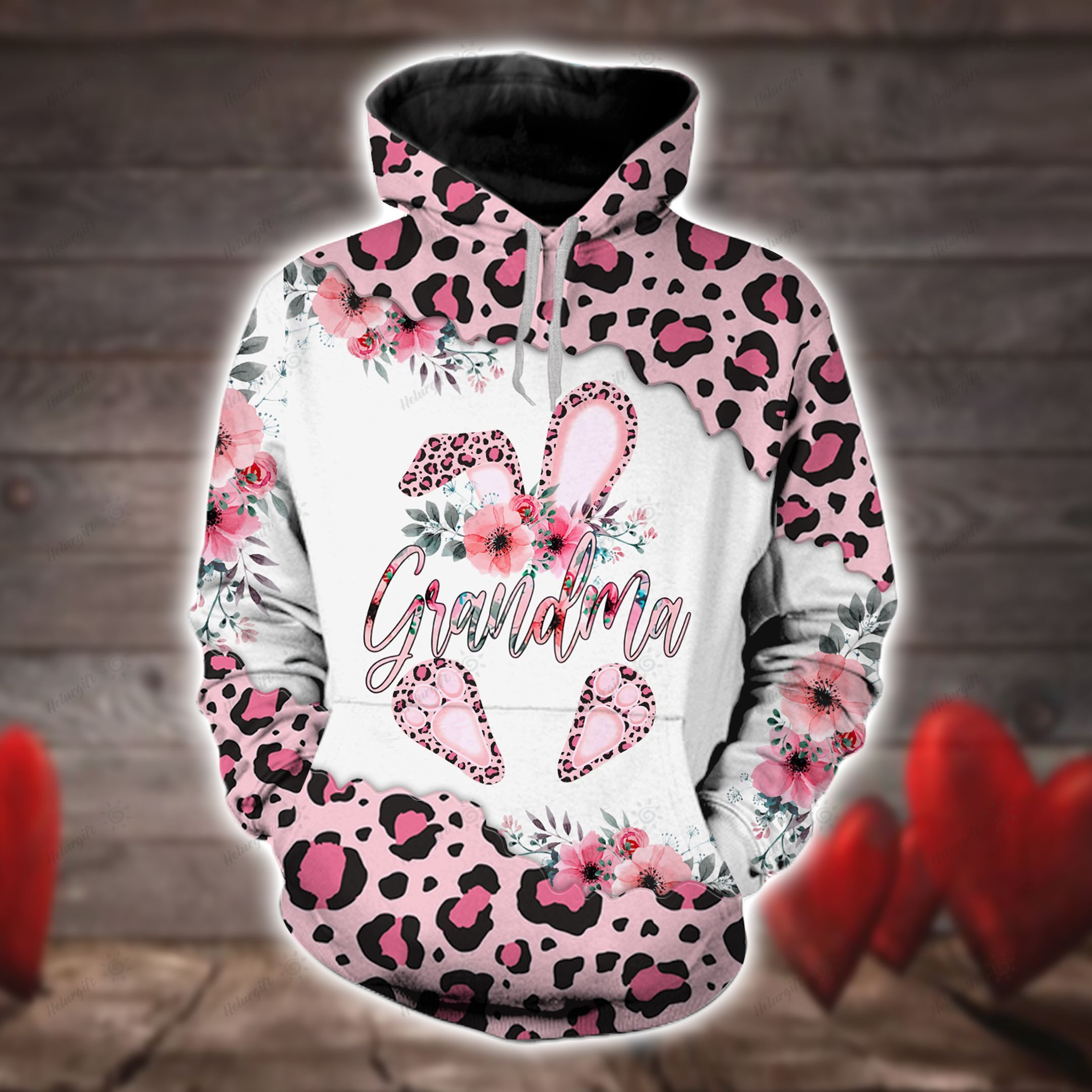 Apayprints – Pink Grandma Bunny Easter Leopard 3D All Over Printed Hoodie Set