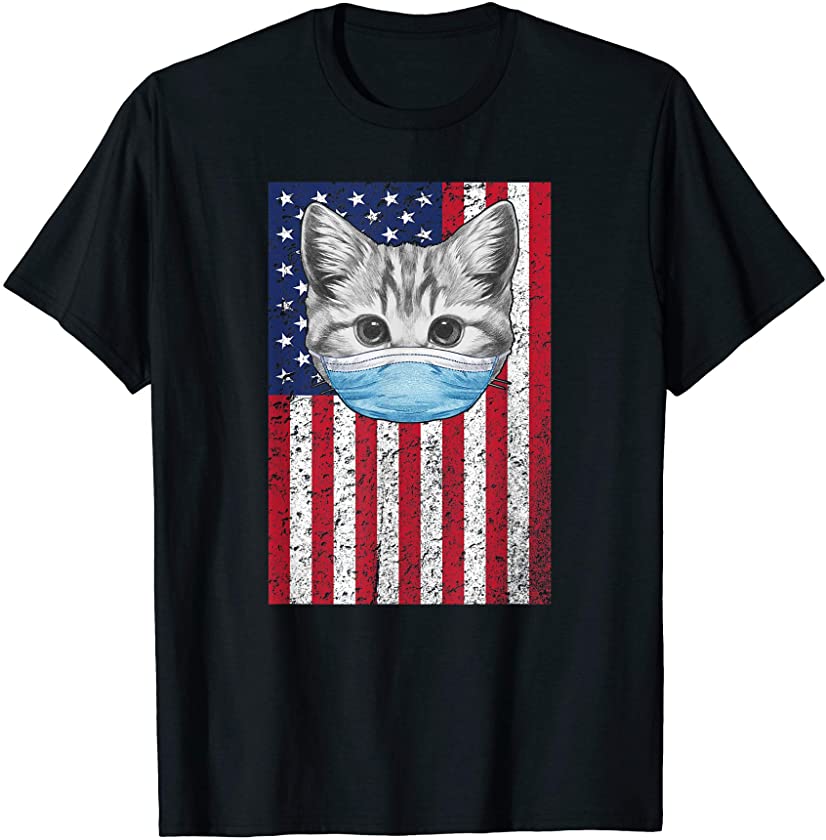 Cat Wearing Surgical Face Mask | American Flag Kitten Lover T-Shirt