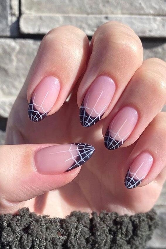 Black tip with Spiderwebs Nails | Fake Nails | Glue On Nails | Press On Nails