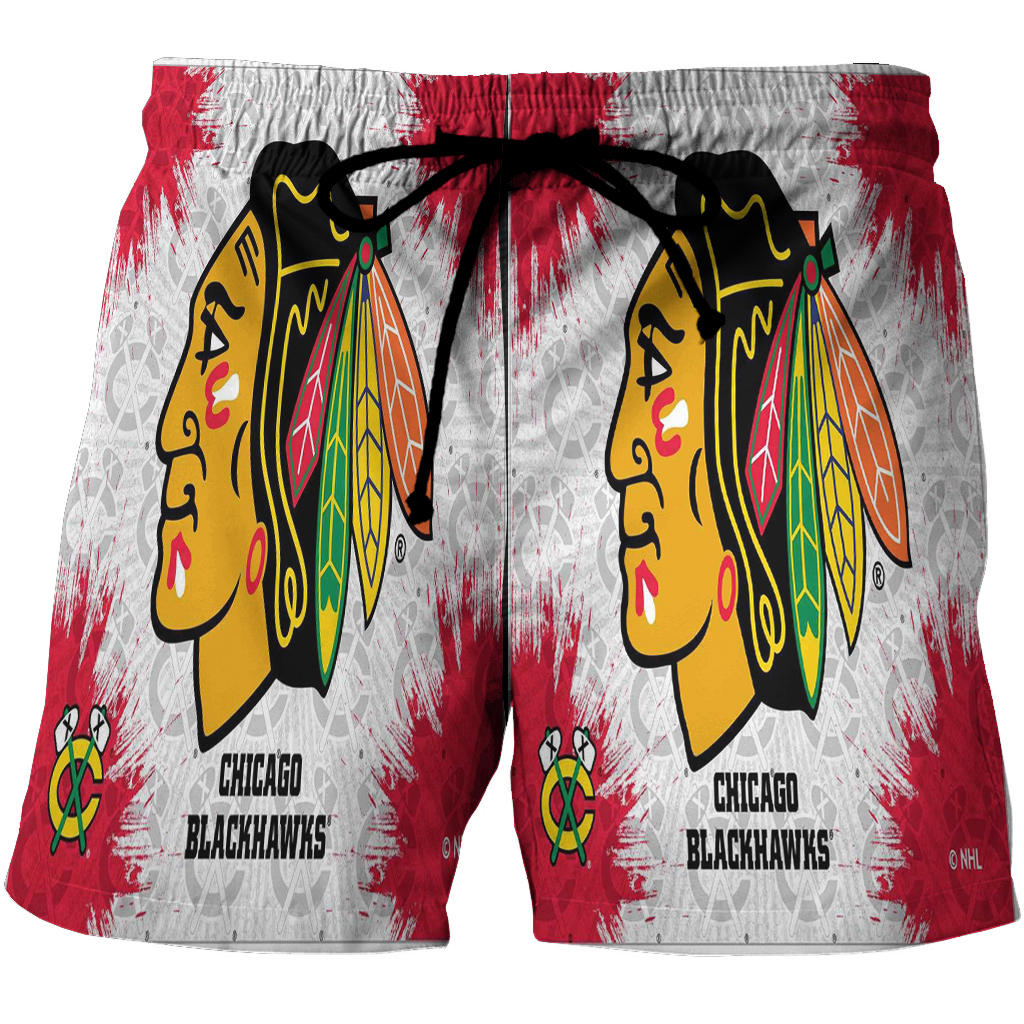 Chicago Blackhawks Emblem Brush Texture 3D All Over Print Summer Beach Hawaiian Short