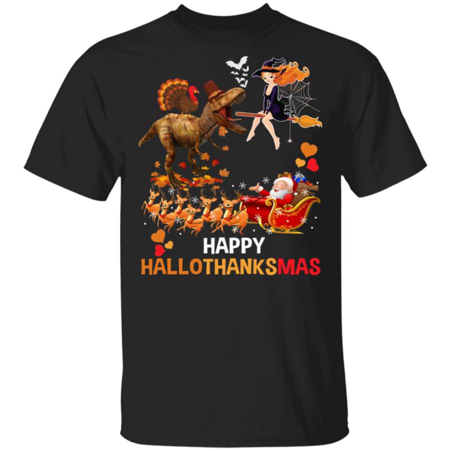 Christmas Shirt Happy Hallothanksmas Funny Halloween Thanksgiving Christmas Santa T-Rex Witch Turkey Lover Gifts Halloween T-Shirt