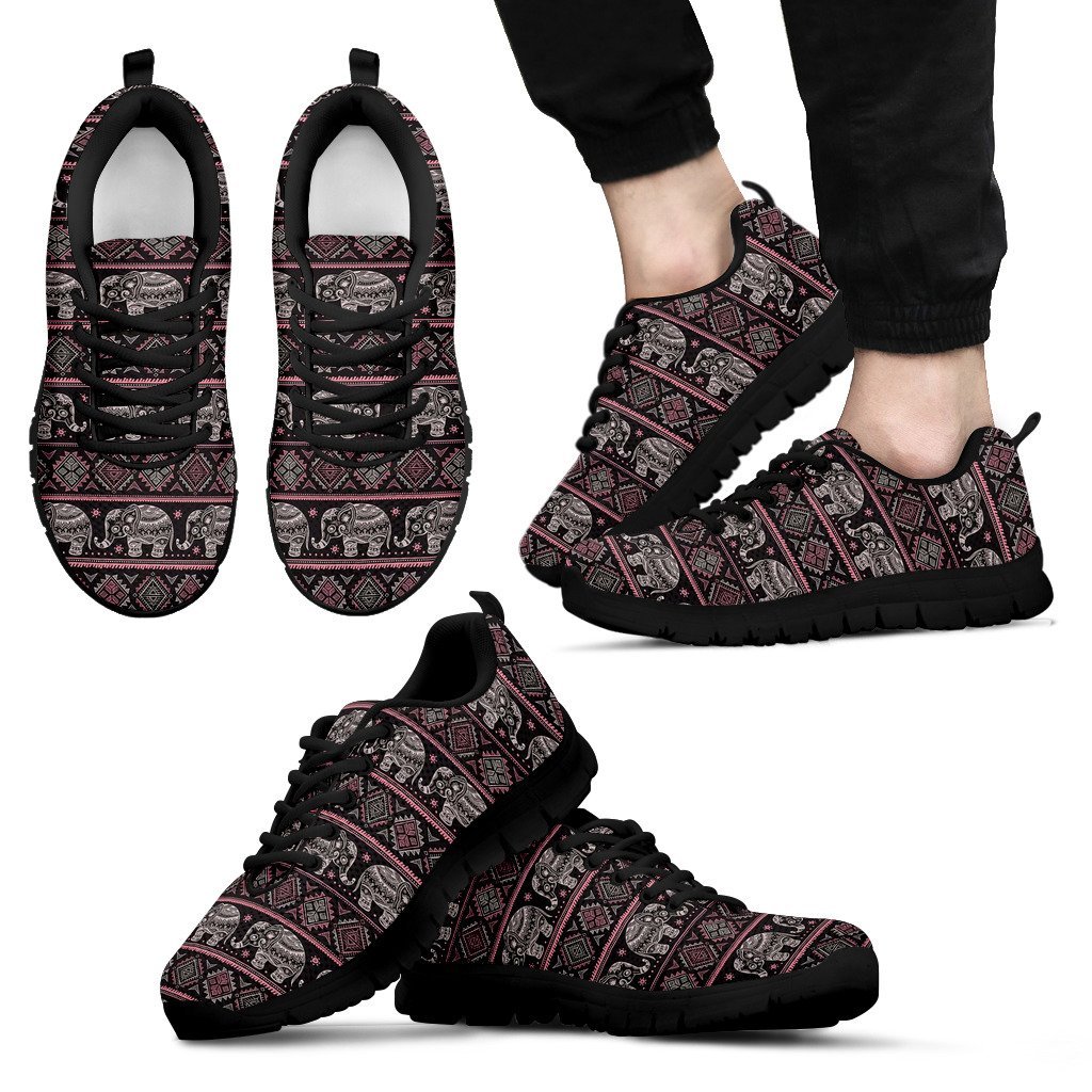 Red Elephant Aztec Pattern Print Black Sneaker Shoes For Men Women