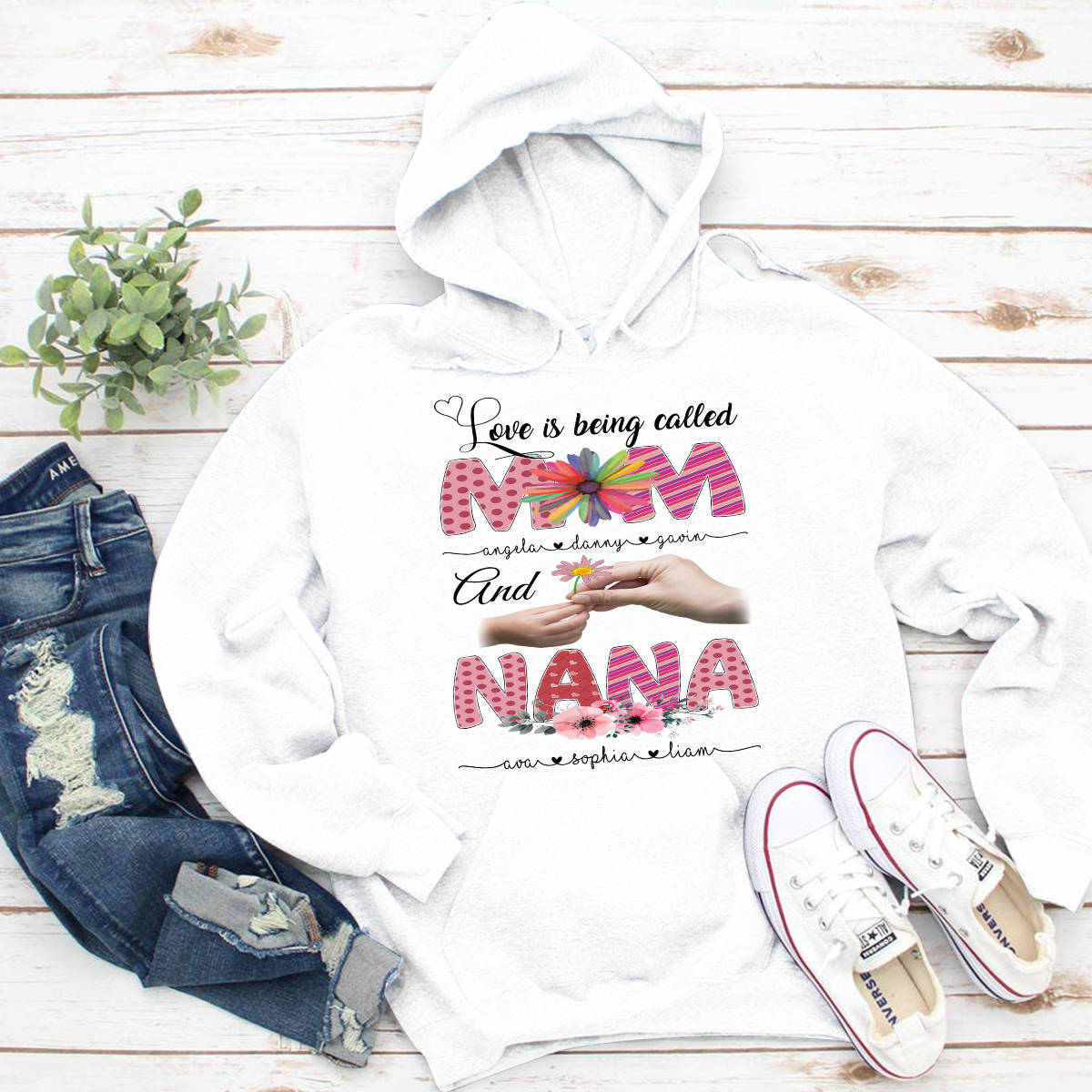 Apayprint – Love Is Being Called Mom And Nana – Art | Personalized Hooded Sweatshirt, S – 5XL, White Grey Pink Blue Black