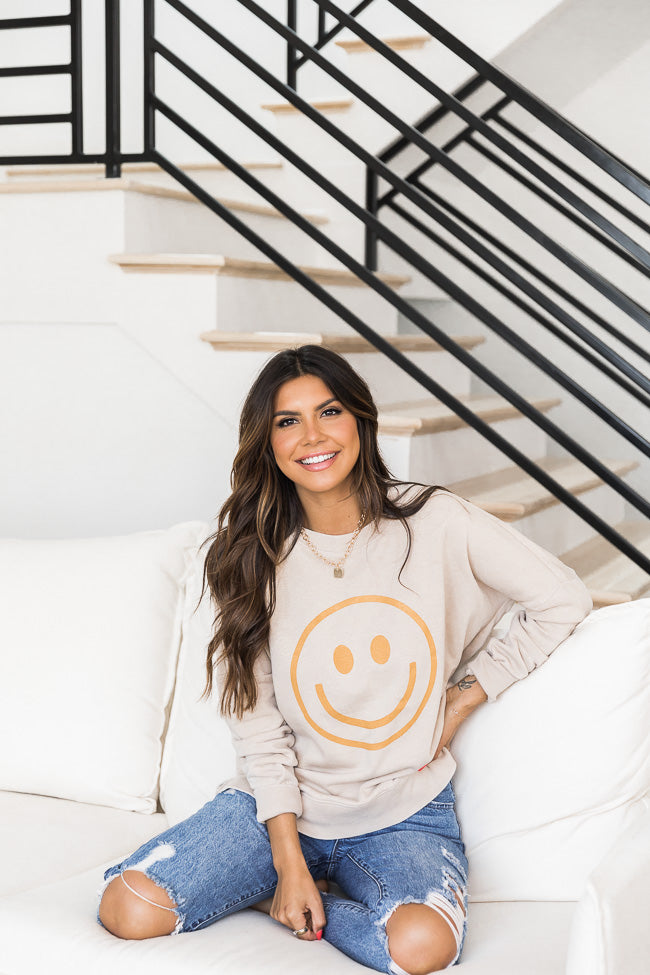 Smiley Face Light Tan Graphic Sweatshirt