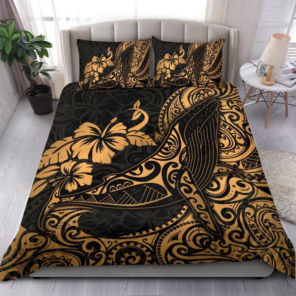 Alohawaii Bedding Set – Cover And Pillow Cases Polynesian – Hawaii Duvet Cover Polynesian Golden Humpback Whale – Bn15