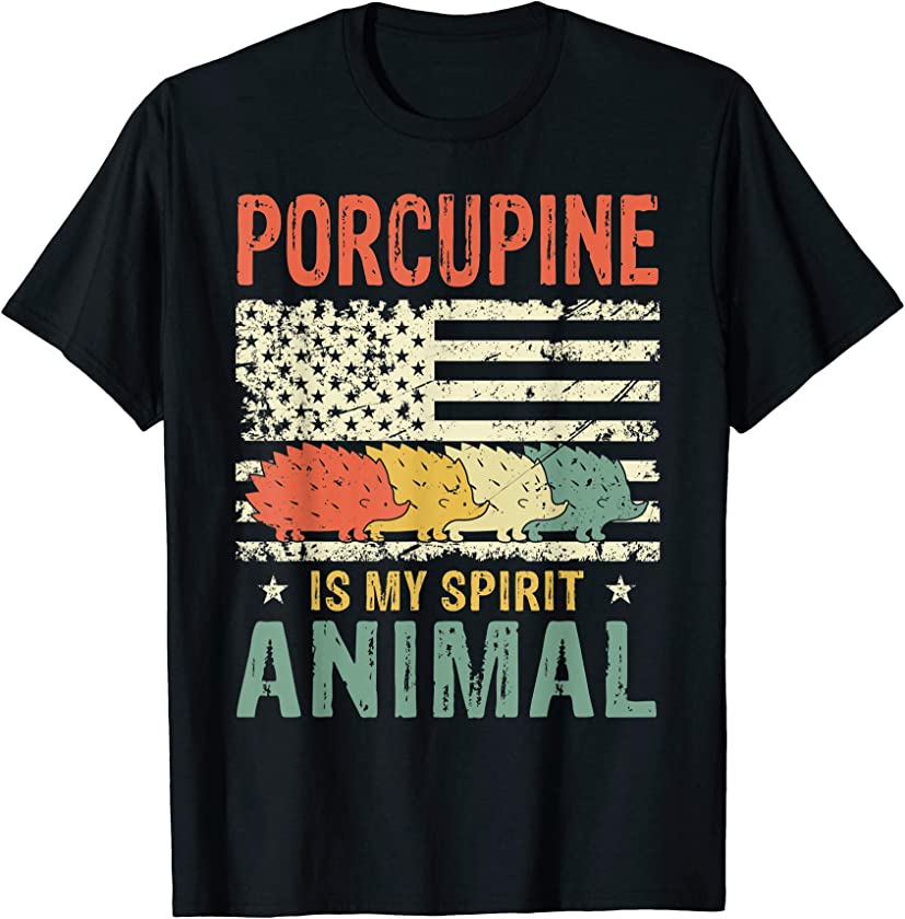 Vintage Porcupine Is My Spirit Animal American Flag T-Shirt