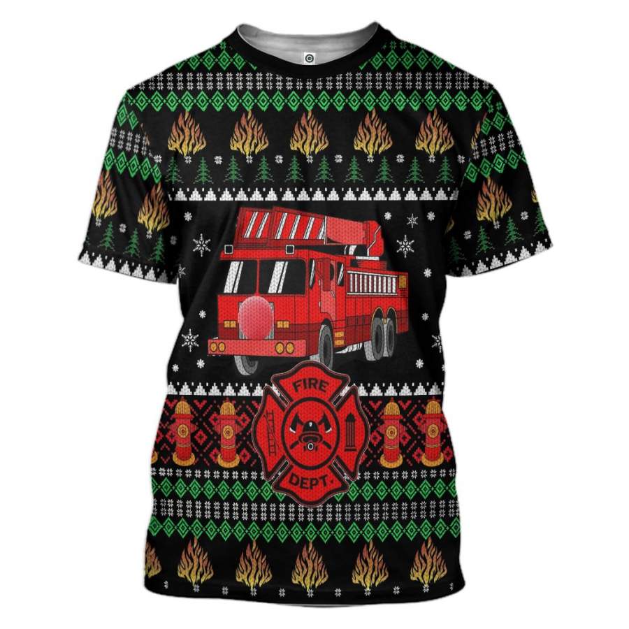 3D Firefighter Truck Ugly Christmas Sweater Custom Tshirt Apparel