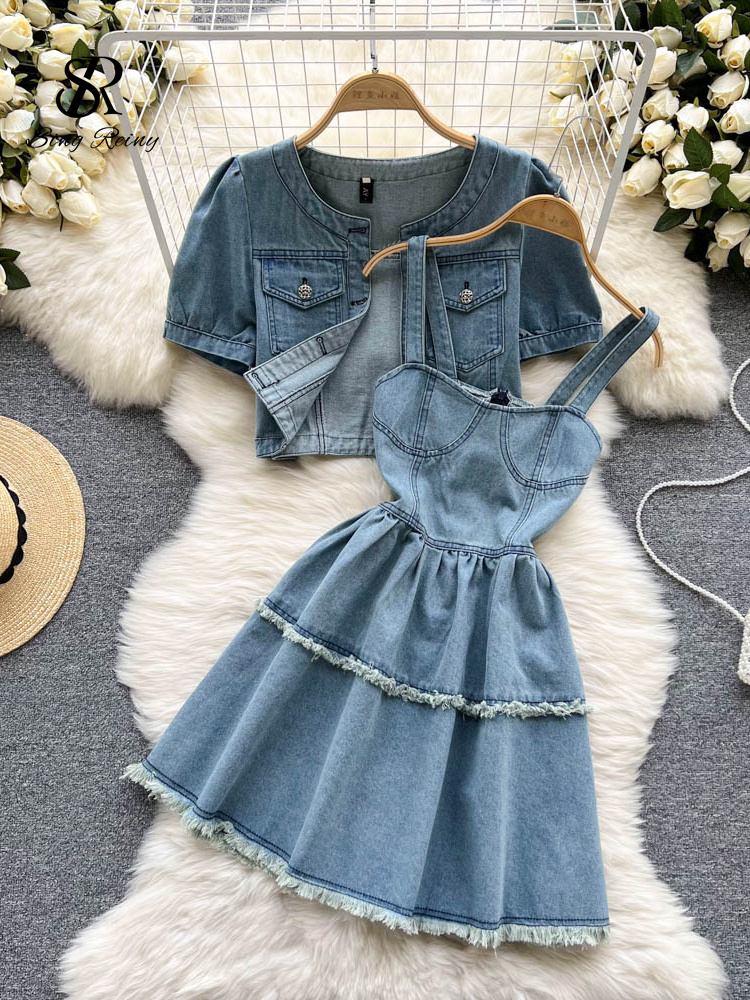 SINGREINY Solid Denim Fashion Women Sets Summer Single Breasted Pocket O Neck Tops Zipper A Line Mini Dress Tassel Two Piece Set alx