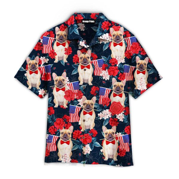 French Bulldog Holding Flag Usa On Red Rose Tropical Hawaii Shirt For Men Women Ha21281