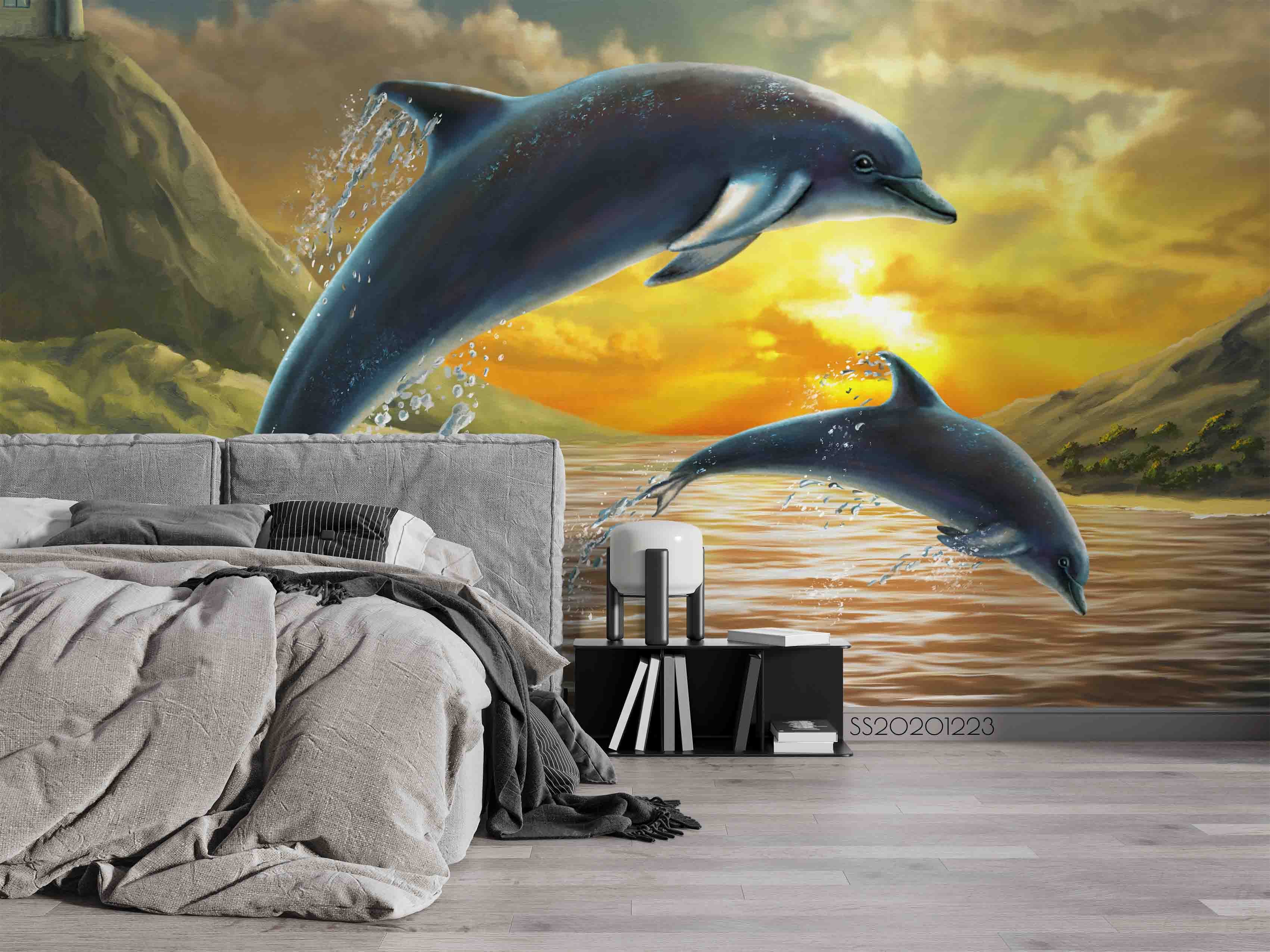 3D Sunset Sky Sea Dolphin Wall Mural Wallpaper Lqh 43