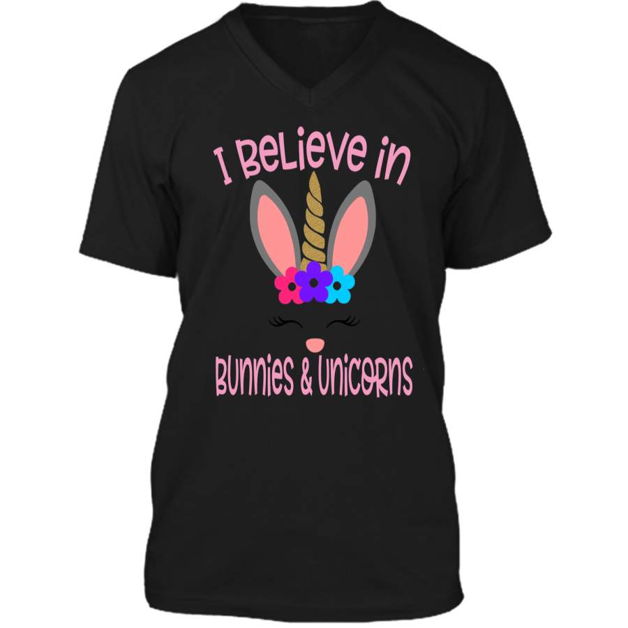 Believe Easter Bunny Unicorn Shirt Cute Easter Gift Mens Printed V-Neck T