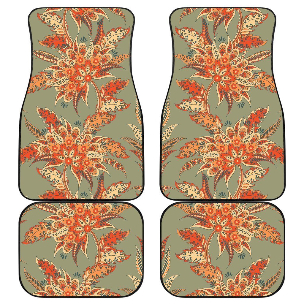 Vintage Orange Bohemian Floral Print Front And Back Car Floor Mats, Front Car Mat