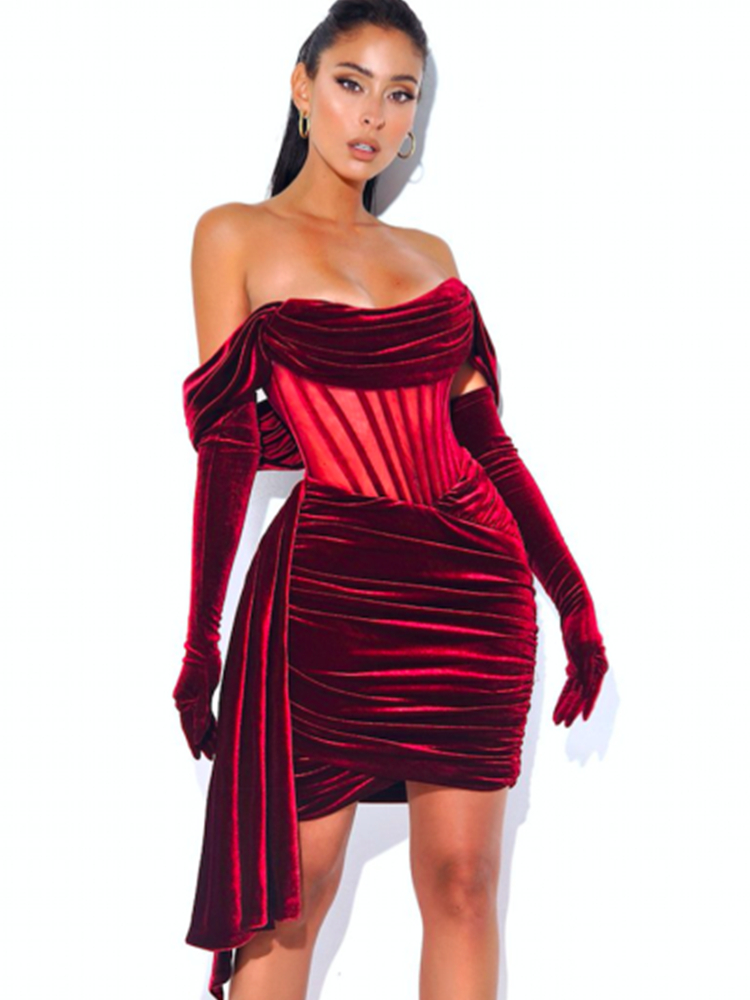 Burgundy Draping Off Shoulder Corset Dress 2022 Sexy Velvet Slim Bodycon Mini Dress Women Short Sleeve Fashion Evening Club Dres alx