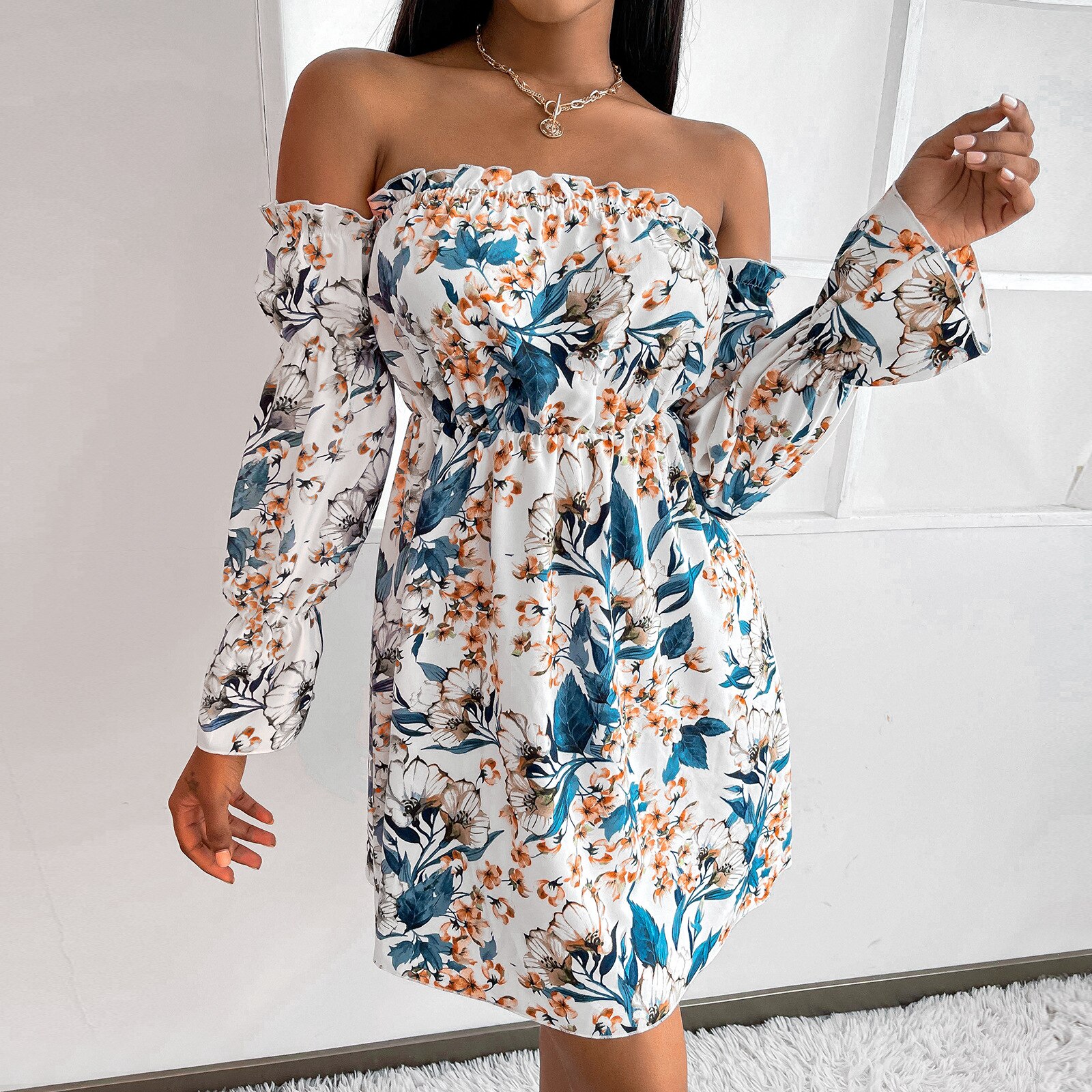 All Season Casual Soft Fashion Women’s Dress Elegant Tube Top Off The Shoulder Long Sleeves Skirt Slim Thin Grace Floral Picnic alx