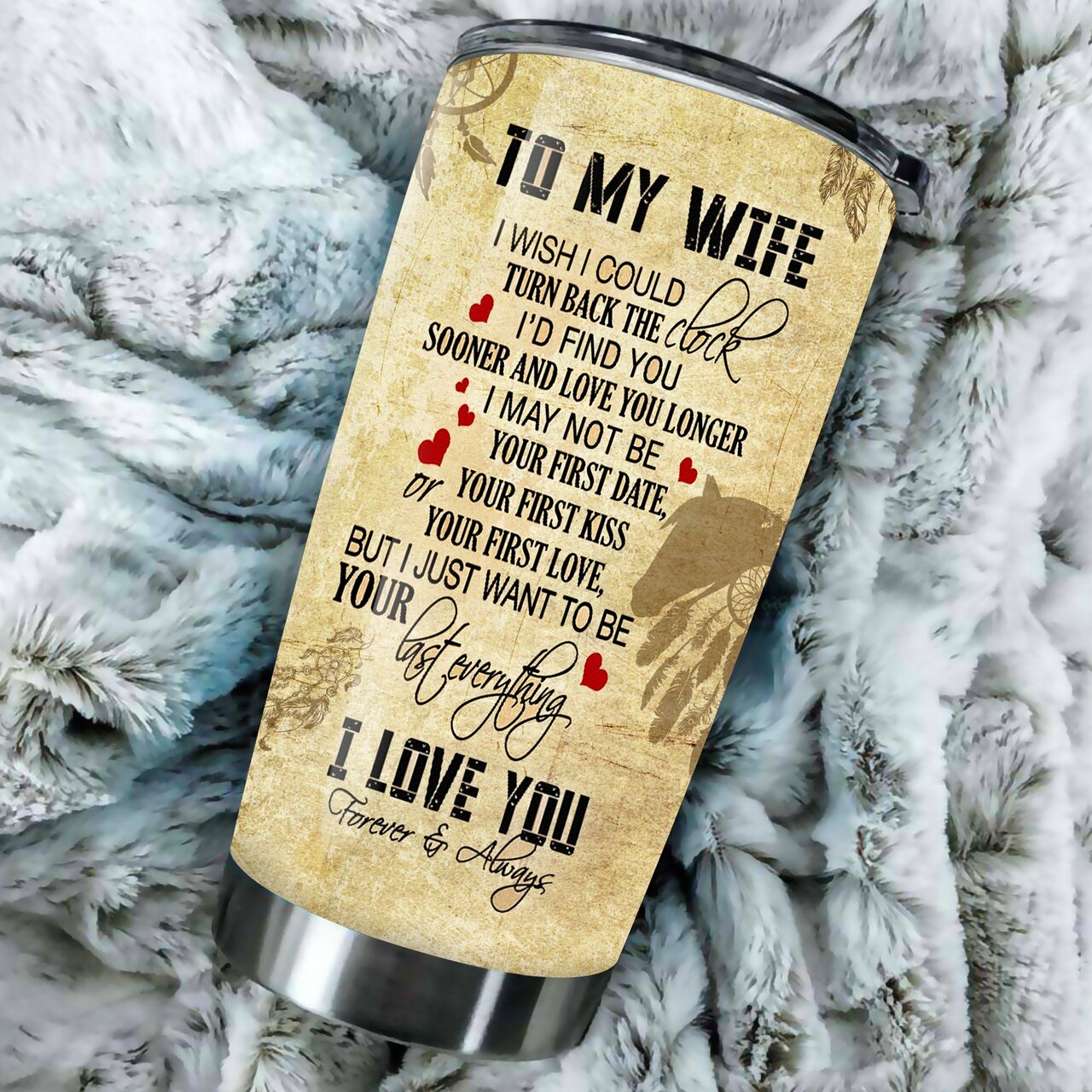 To My Wife Native American Horses Stainless Steel Skinny Tumbler Bulk, Double Wall Vacuum Slim Water Tumbler Cup With Lid, Reusable Metal Travel Coffee Mug
