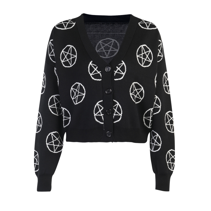 BIGGORANGE Gothic Black Women’s Fairy Grunge Oversized Sweater Cardigan Y2K Five-pointed Star Print Long Sleeve Jacket alx