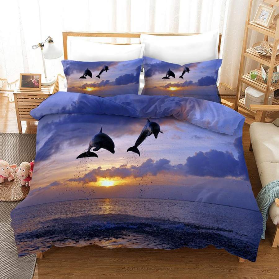 3D Purple Sky Sea Dolphin Quilt Cover Set Bedding Set Pillowcases 278