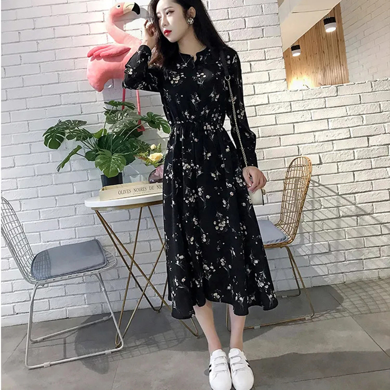 Autumn Winter Black Vintage Floral Chiffon Midi Dress Long Sleeve Midi Dress For Women Large Korean Version Dresses For Women alx