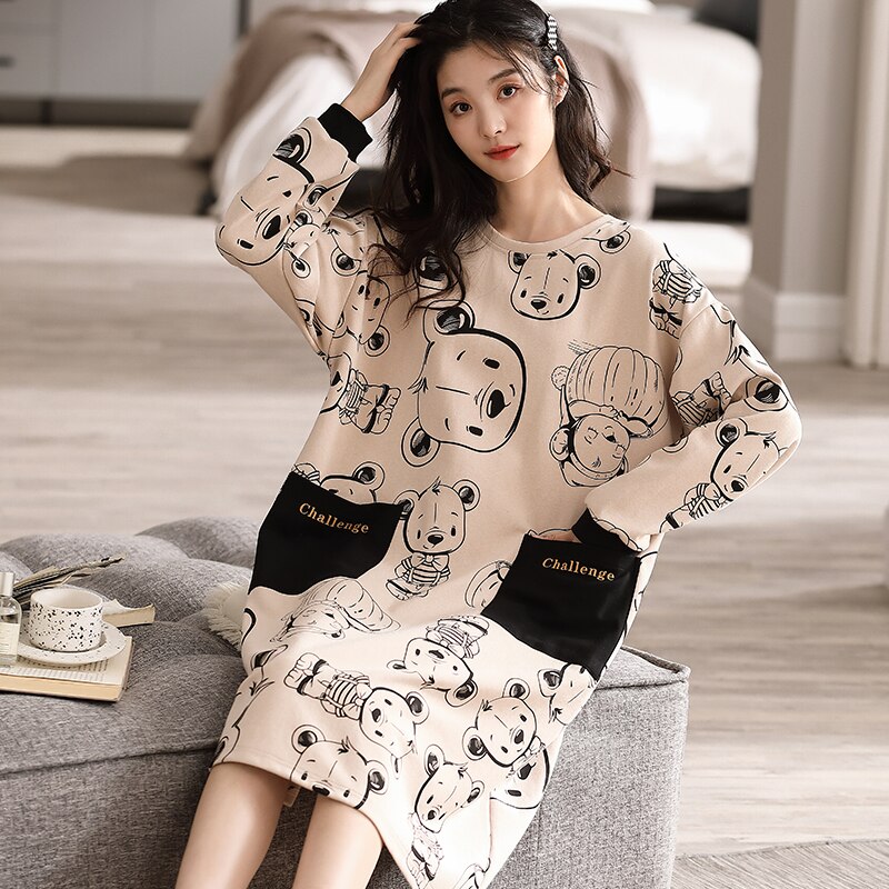 Spring New Pure Cotton Night Dress Cartoon Bear Womens Nightgowns Plaid Sleepshirts Girls Nightgowns Kawaii Homewear Nightdress alx