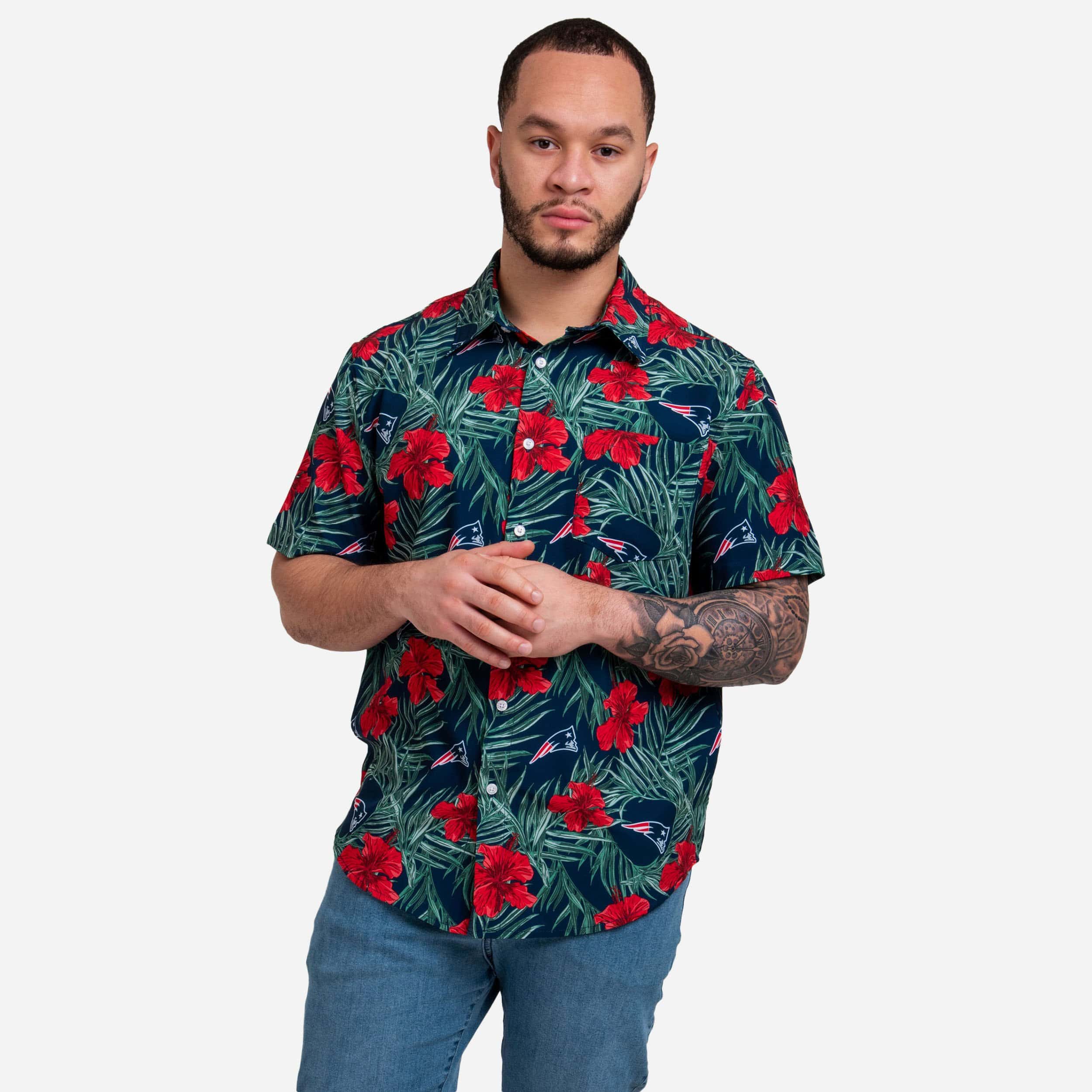 New England Patriots Hibiscus Button Up Shirt