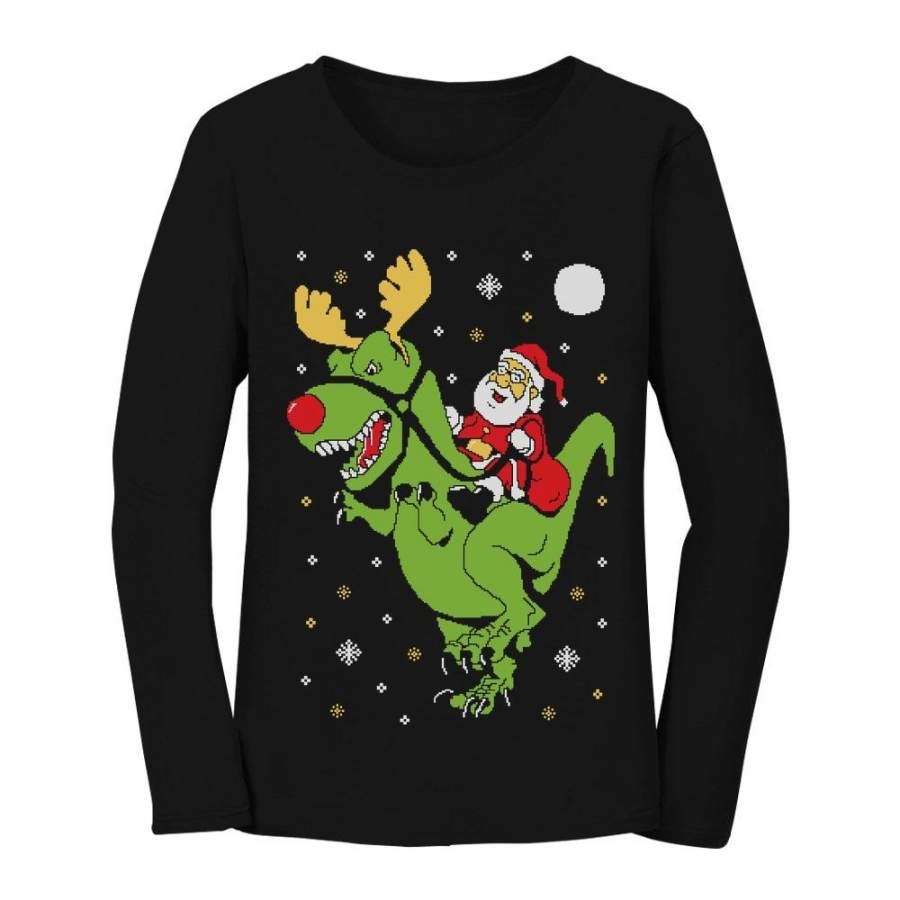 T-Rex Santa Ride Ugly Christmas Women Long Sleeve T-Shirt