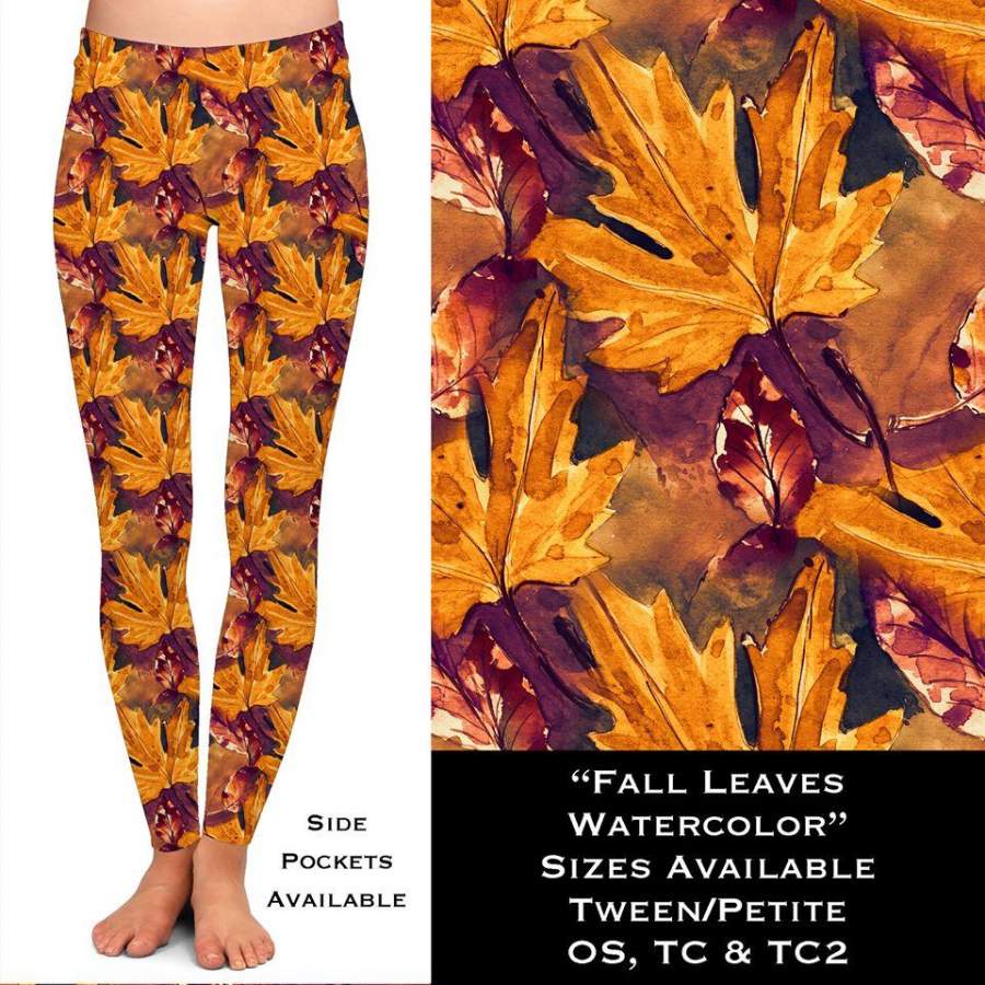 [PRE-ORDER]Custom Fall Leaves Watercolor Leggings, Capri Joggers, & Joggers – Pre Orders Close 7/28