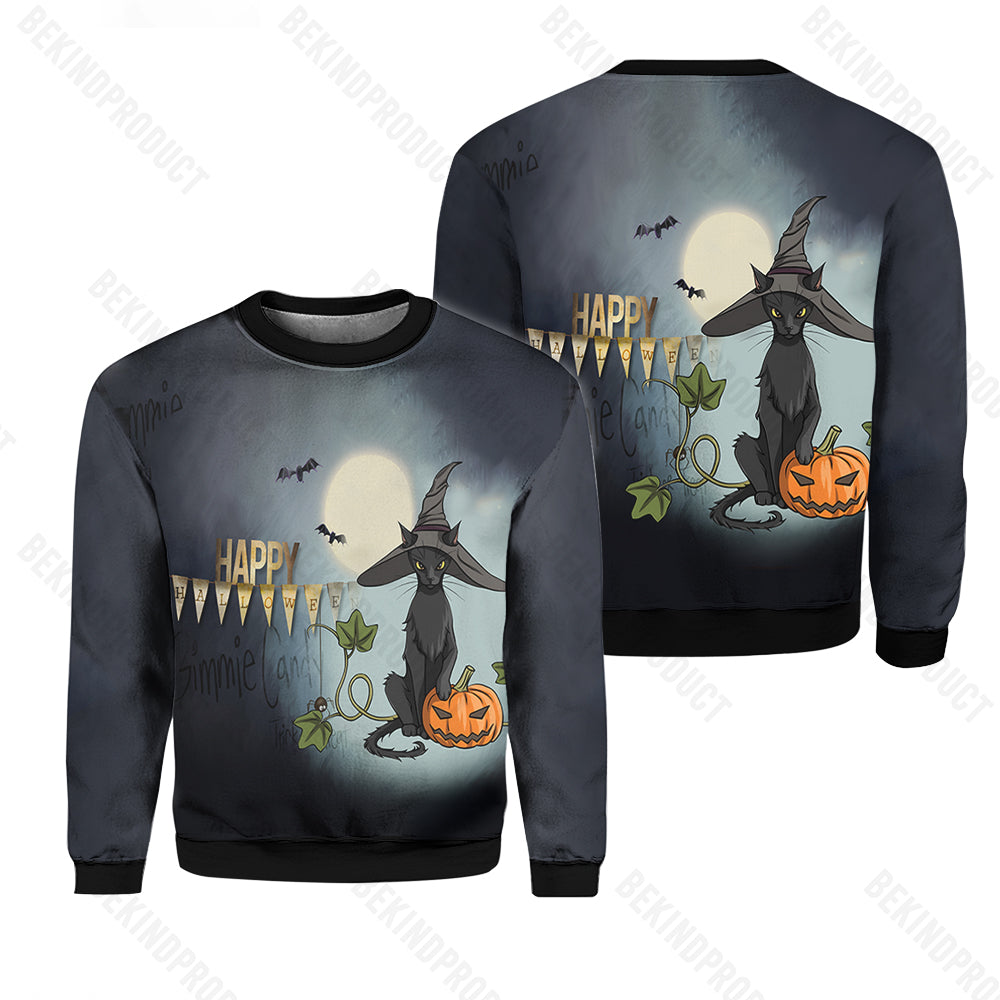 Black Cat In A Witch Hat Sitting Next To The Pumpkin Halloween Crewneck Sweatshirt All Over Print Sweatshirt For Women Sweatshirt For Men