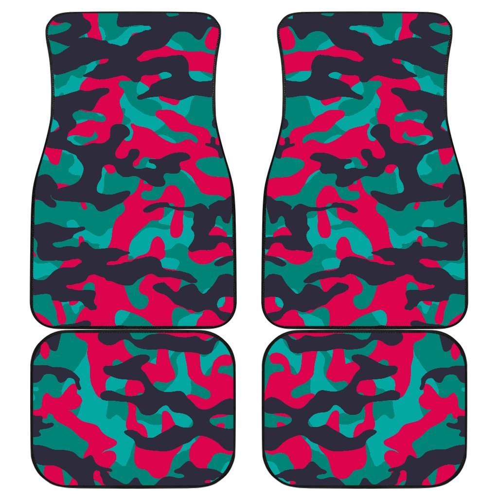 Pink Teal And Black Camouflage Print Front And Back Car Floor Mats, Front Car Mat