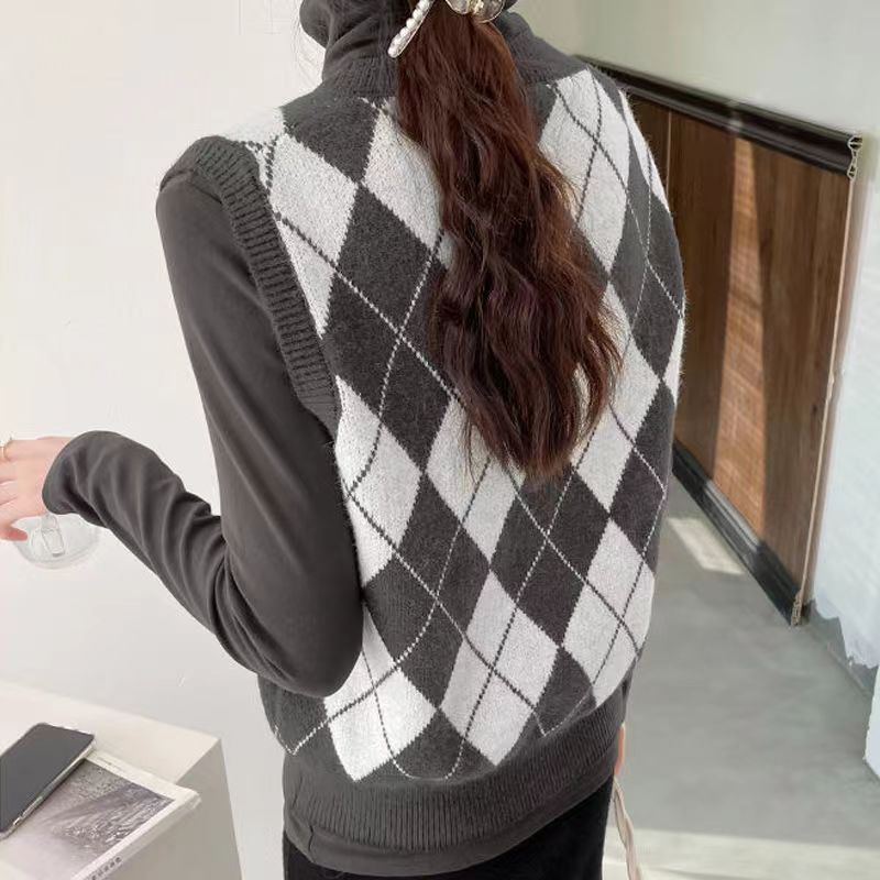 Vintage Y2K Knitted Vest Argyle Sweater Vest V Neck Sleeveless Jumper Preppy Style Plaid Knitted Pullover Autumn Winter Clothes alx