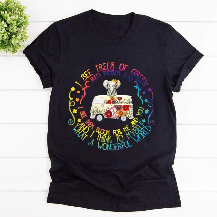 Hippie elephant car i see tree of green red roses too what a wonderful world black cotton t shirt for men and women S-6XL