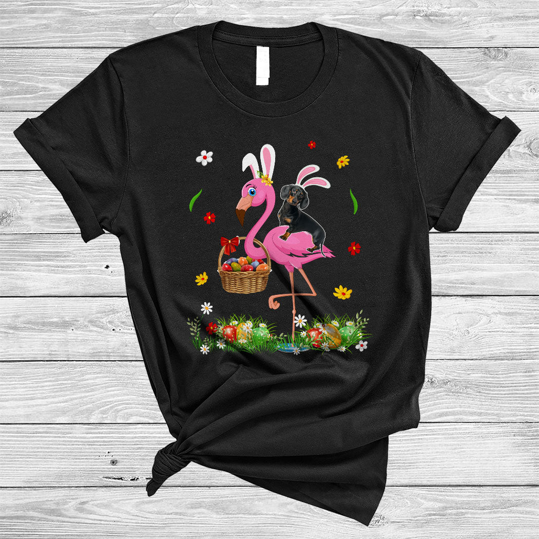 Bunny Dachshund Riding Flamingo Cute Happy Easter Day Egg Basket Flower Dog Lover Gifts T-Shirt