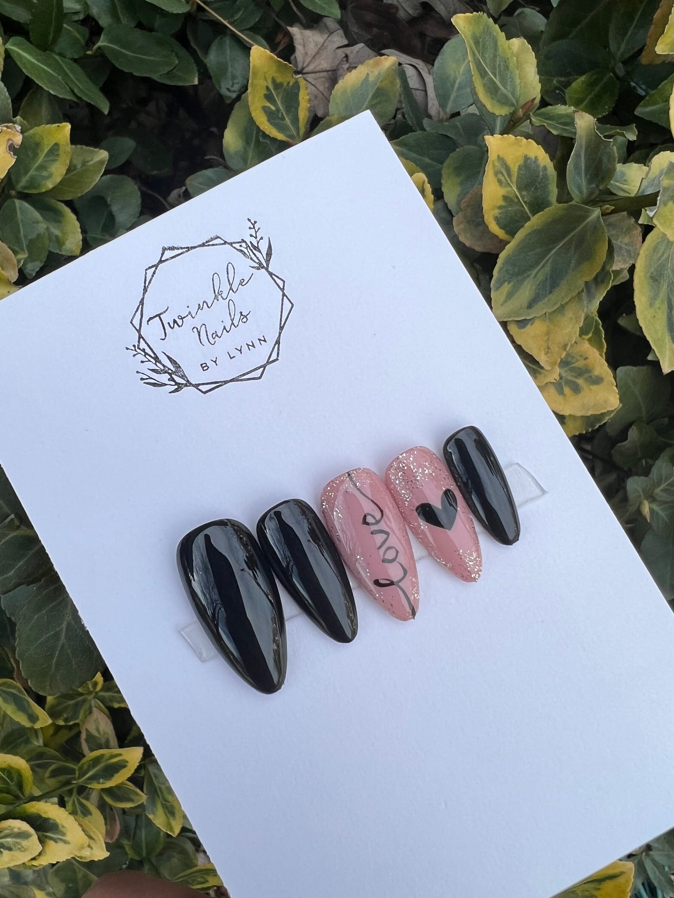 Black Valentines Nails | LOVE nails | 3d Design | Snowflakes Design | Press on nails | Fake nails