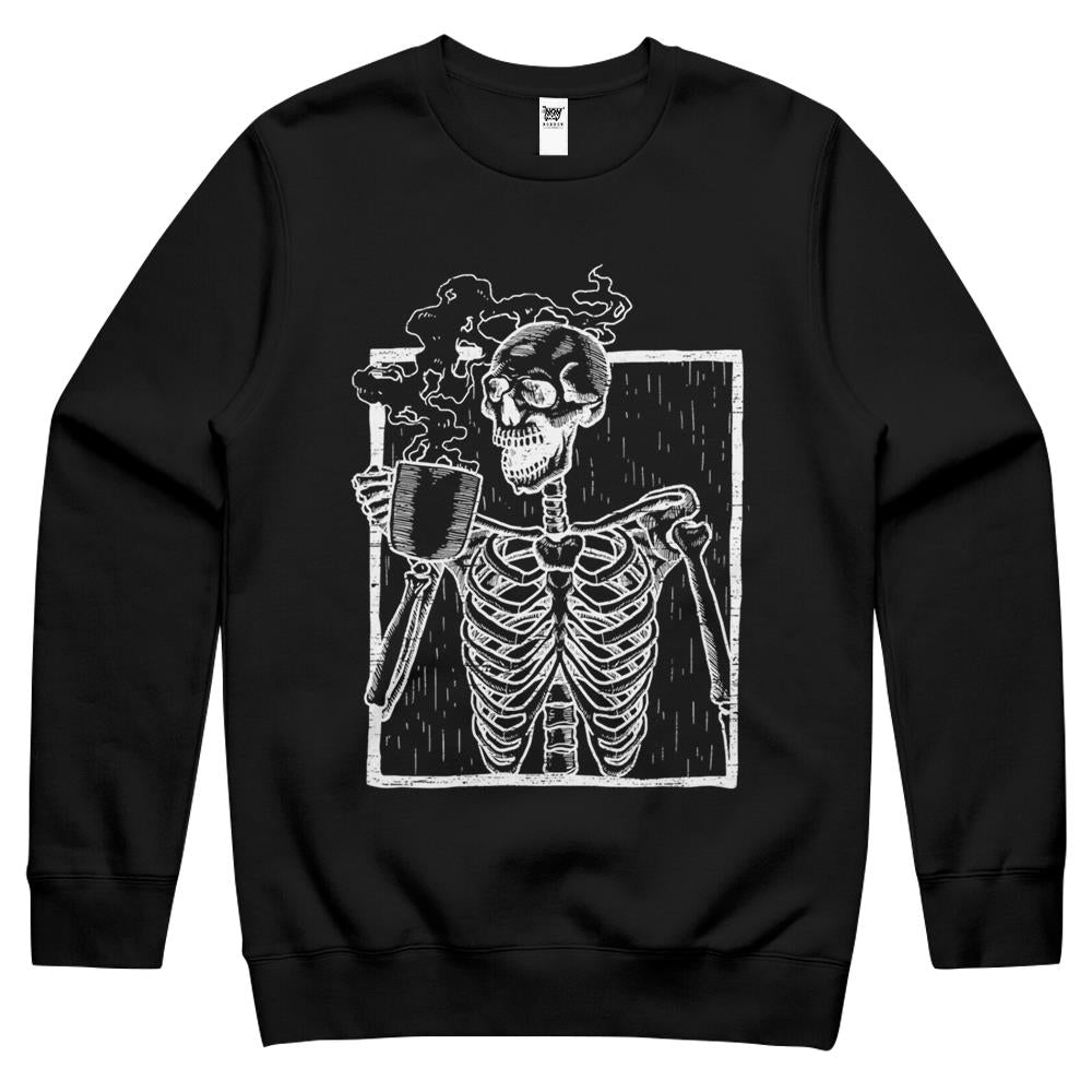 Distressed Skeleton Vintage Smiling Skull Drinking Coffee Crewneck Sweatshirt