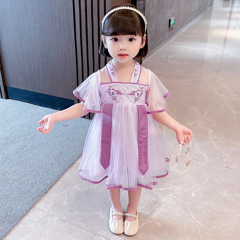 2022 Summer Baby Girls Child Embroidered Pink Tulle Fashion Vintage Skirts Kawaii Hanfu Chinese Style Princess Dress Costume alx