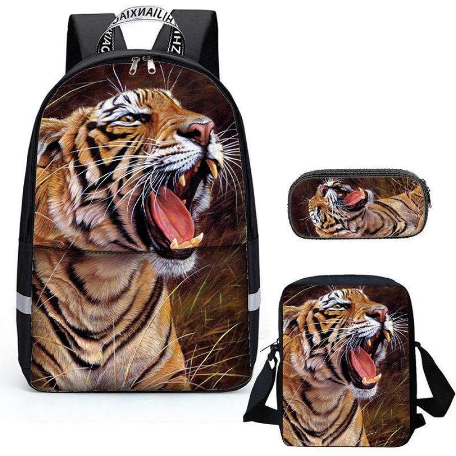 3 In 1 School Backpacks Teens Girls Boys Preschool Shoulder Bagpack+Cooler Warm Lunch Pouch+Zipper Closure Pencil Case Cool 3D Tiger Bookbags Sets