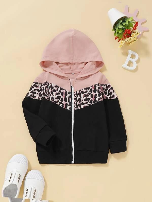 Toddler Girls Cut And Sew Leopard Print Hooded Sweatshirt