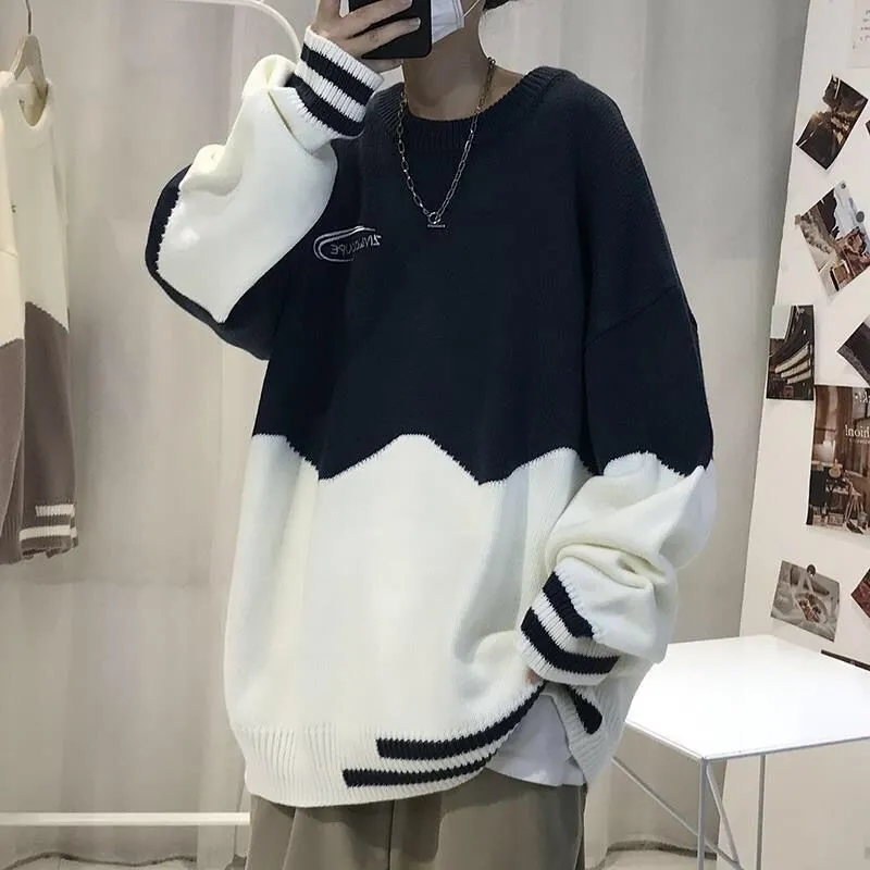 Sweater Men Pullover Knitted Sweater Korean Version Trend Loose Sweaters Jumper Hip Hop White Streetwear Knitwear Black Pullover alx