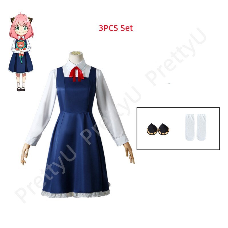 Anime SPY X FAMILY Anya Forger Cosplay Costume Kids Women Cute Black Blue Dress Wig School Uniform Lion Doll Halloween Clothes alx