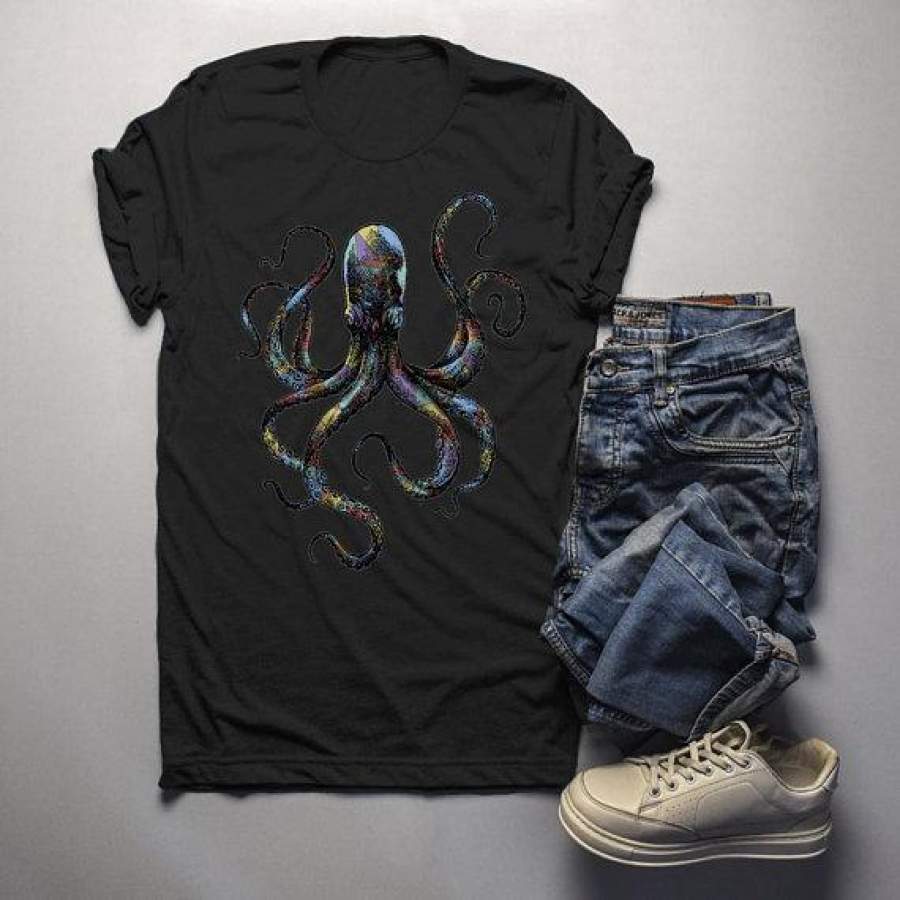 Men’s Octopus T Shirt Hand Drawn Vintage Hipster Shirts Octopus Geometric Graphic Tee