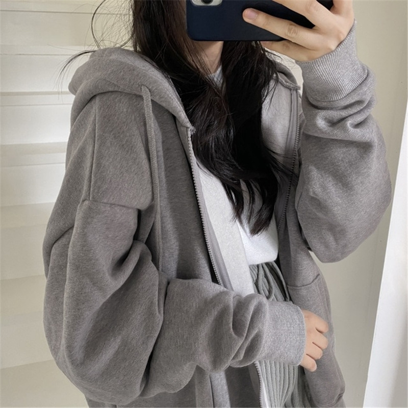 Women’s Oversized Hoodies Autumn Winter Korean Casual Solid Long Sleeve Zipper Jackets Harajuku Loose Fleece Hooded Sweatshirts alx