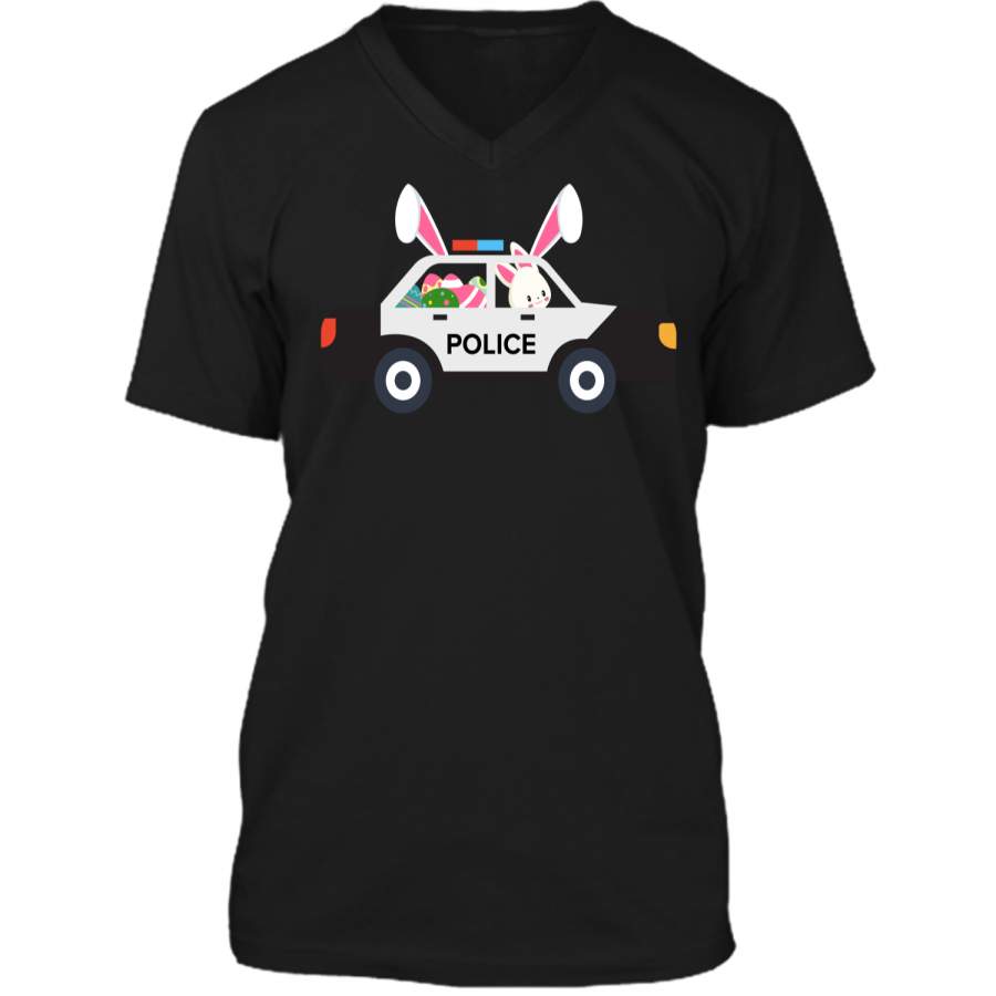 Cute Police Car Driver Bunny Easter Eggs Hunt T-Shirt Mens Printed V-Neck T