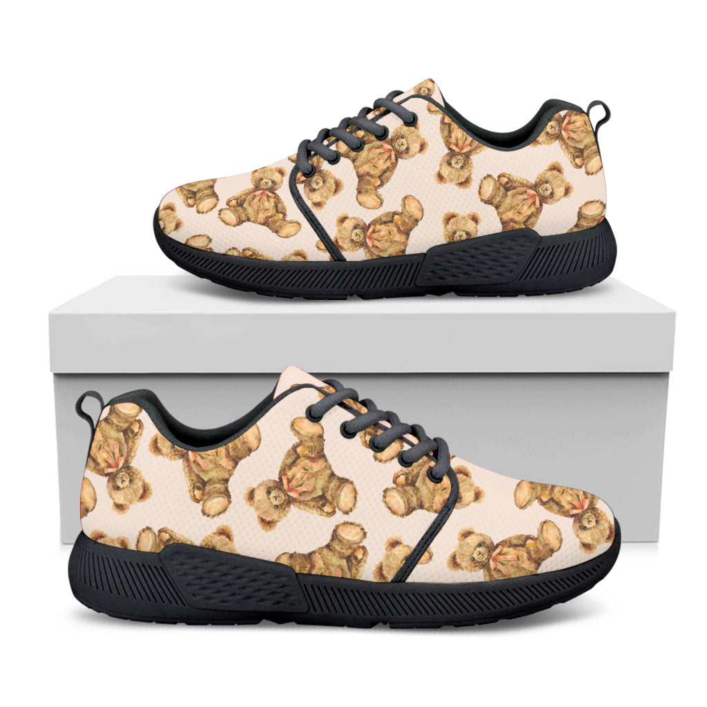 Watercolor Teddy Bear Pattern Print Black Athletic Shoes