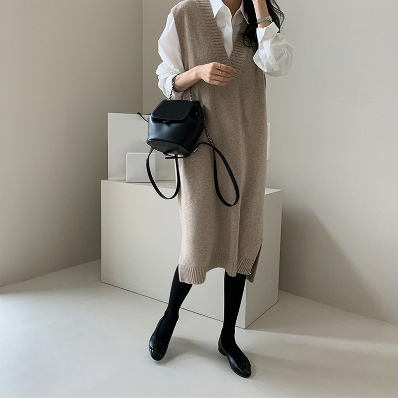 2022 New Autumn Sleeveless Long Knitted Dresses V-Neck Warm Soft Wool Sweater Female Fall Winter Knitwear Women Clothing Gray alx