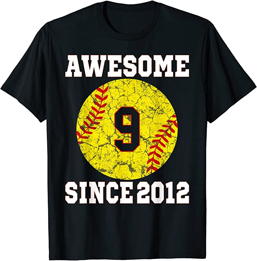 9th Birthday Softball Lover 9 Years Old Vintage Retro T-Shirt