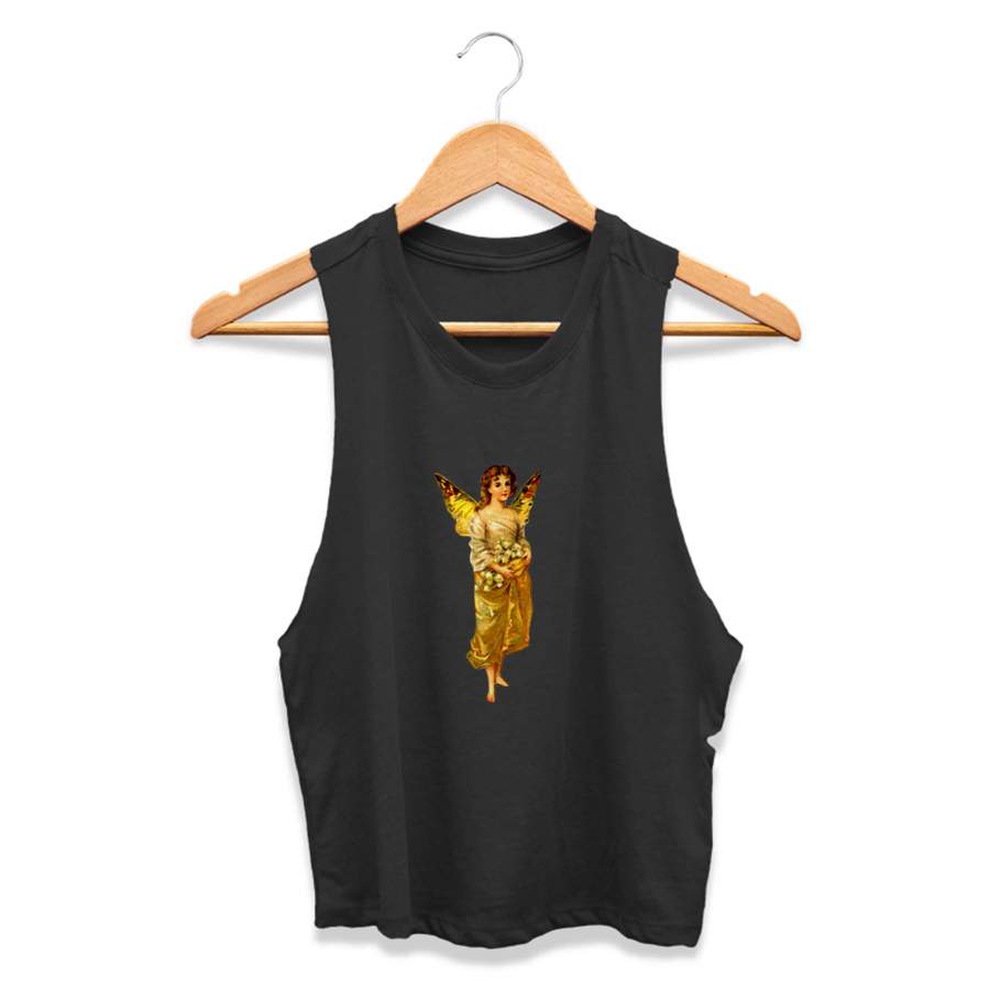 Golden Fairy Vintage Illustration Child Image Wings Womans Crop Tanktop Tee