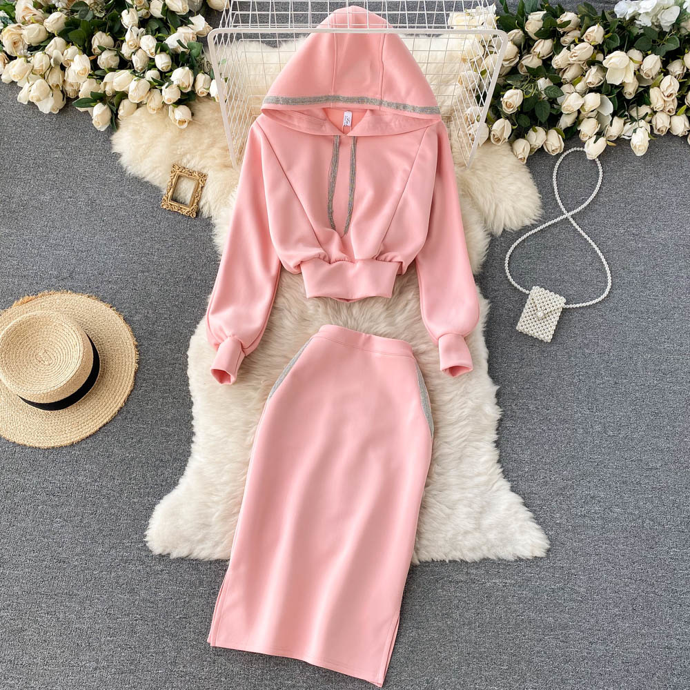 Women Two Piece Tracksuit Casual Pink Long Sleeve Short Hooded Sweatshirt and High Waist Pencil Skirt Suits 2022 Autumn Lady Set alx