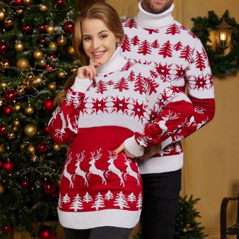 Christmas Couples Matching Sweaters 2022 New Year’s Clothes Women Men Unisex Turtleneck Warm Thicken Jumpers Knitwear Pullovers alx